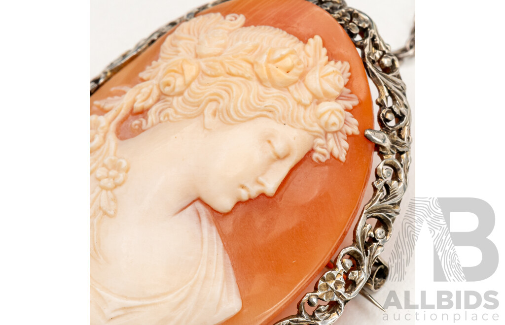 925 Sterling Silver Vintage Shell Cameo Brooch - 12.36gms