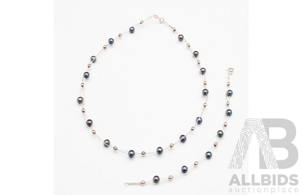 925 Sterling Silver Freshwater Pearl Necklace and Matching Bracelet Set - Lot of 2