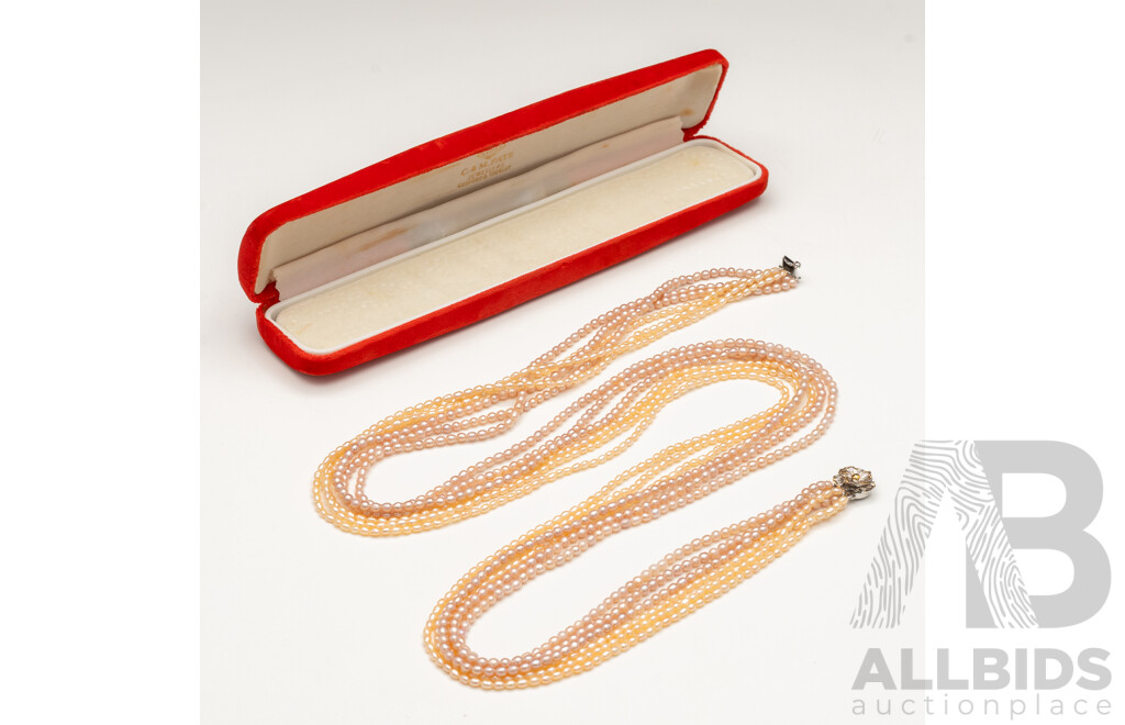 Lengthy 6 Strand Pink Freshwater Pearl Necklace with Silver Clasp - 80cms