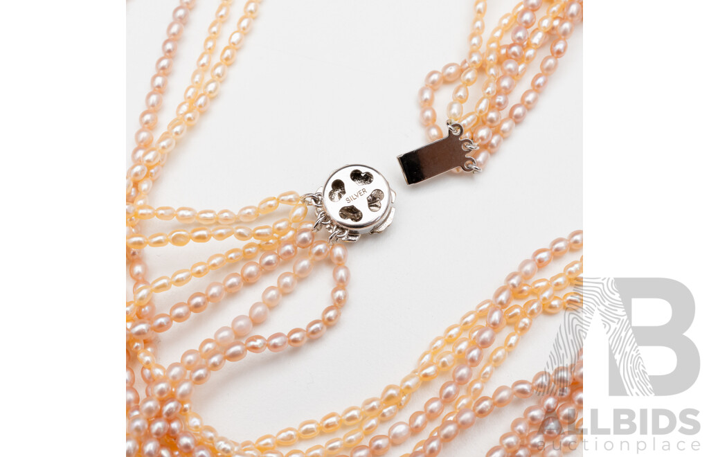 Lengthy 6 Strand Pink Freshwater Pearl Necklace with Silver Clasp - 80cms