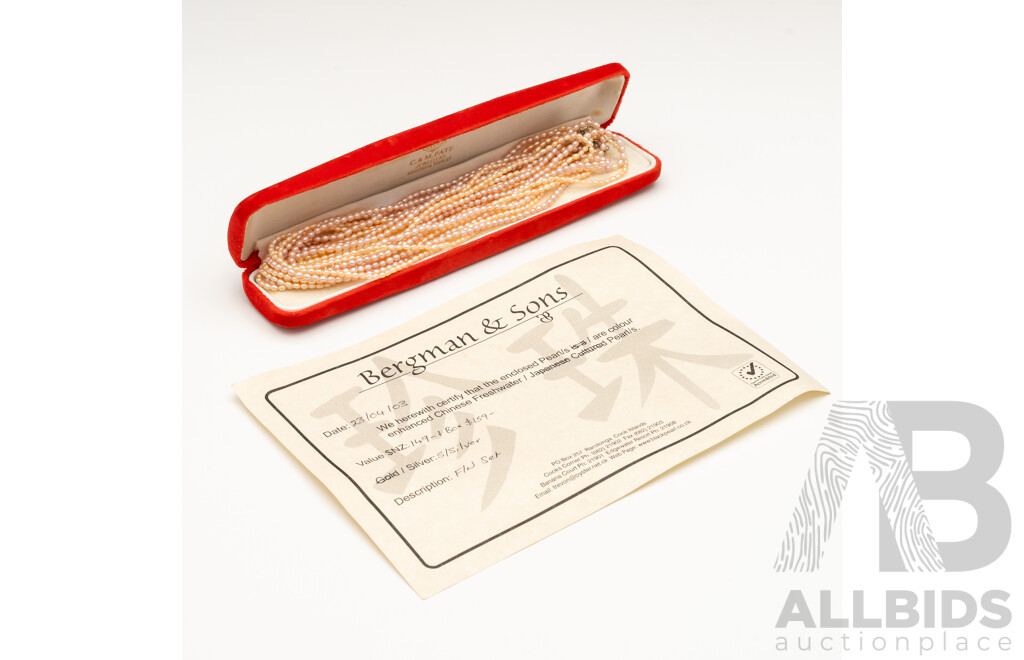 Lengthy 6 Strand Pink Freshwater Pearl Necklace with Silver Clasp - 80cms