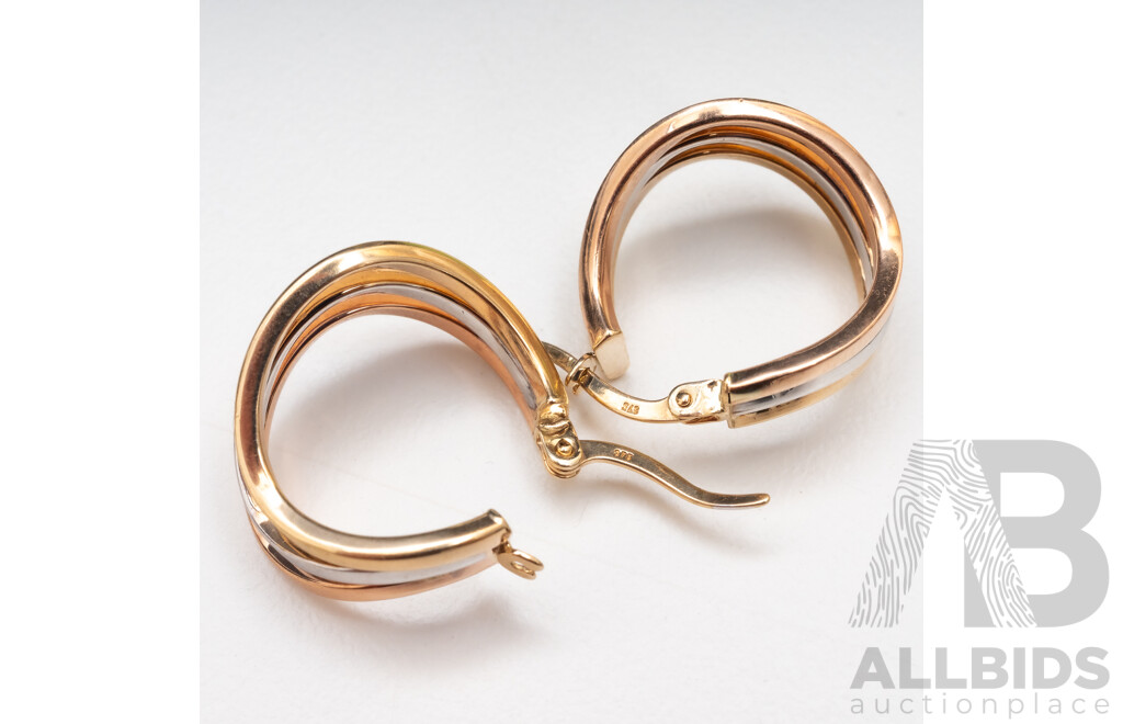 9ct 3 Tone Gold Triple Wave Earrings - 2.41gms