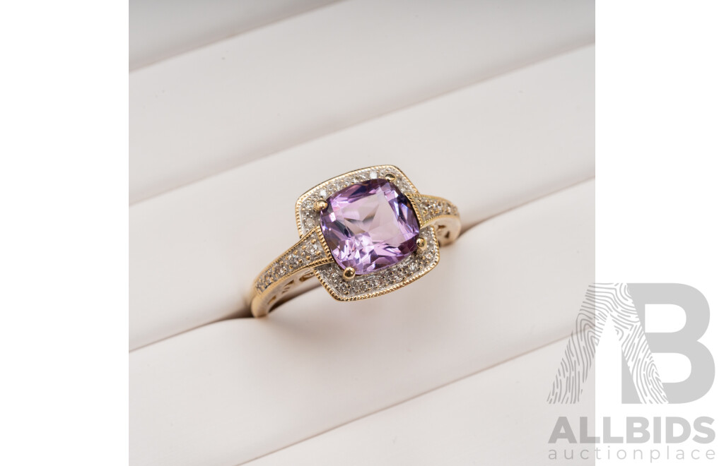 9ct Yellow Gold Dress Ring with Cushion Cut Amethyst and Diamonds - Size M.5 (with Sizing Balls)