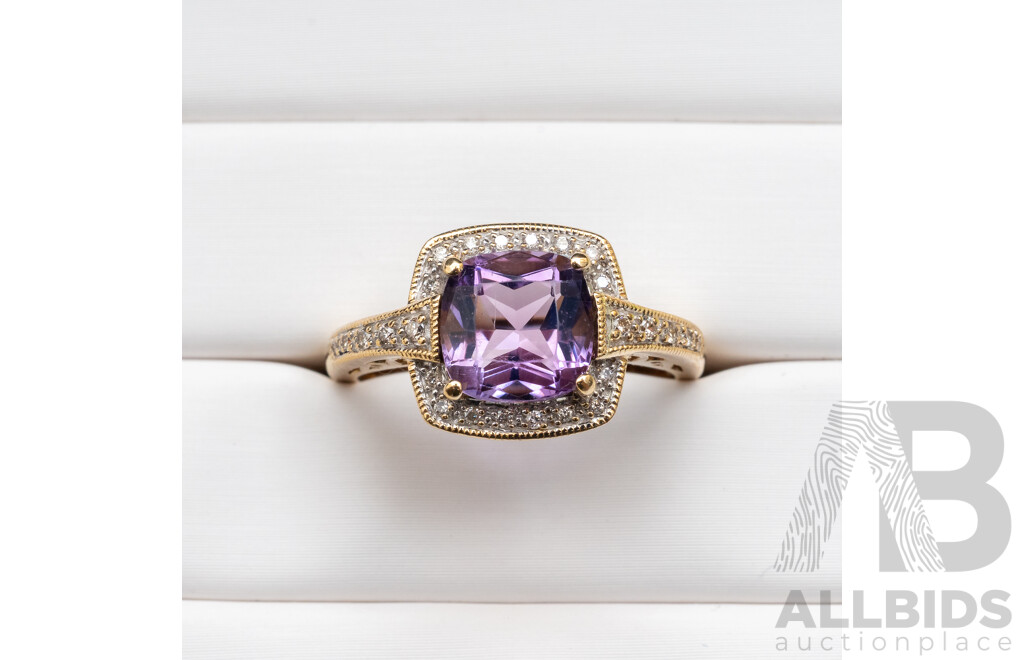 9ct Yellow Gold Dress Ring with Cushion Cut Amethyst and Diamonds - Size M.5 (with Sizing Balls)