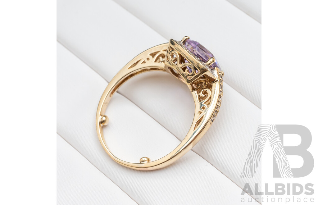 9ct Yellow Gold Dress Ring with Cushion Cut Amethyst and Diamonds - Size M.5 (with Sizing Balls)
