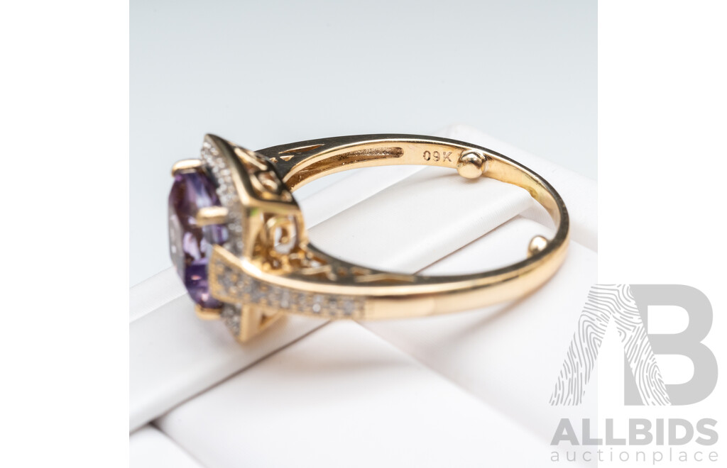 9ct Yellow Gold Dress Ring with Cushion Cut Amethyst and Diamonds - Size M.5 (with Sizing Balls)
