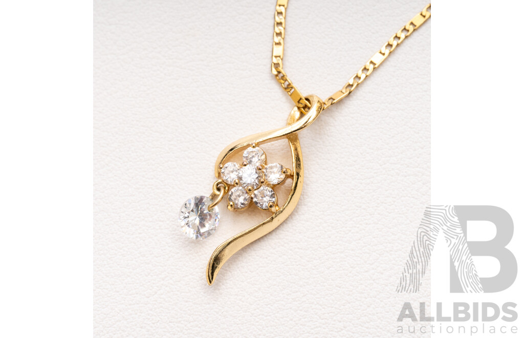 Gold Plated Metal Necklace and Pendant with Cubic Zirconias. Length - 45cms