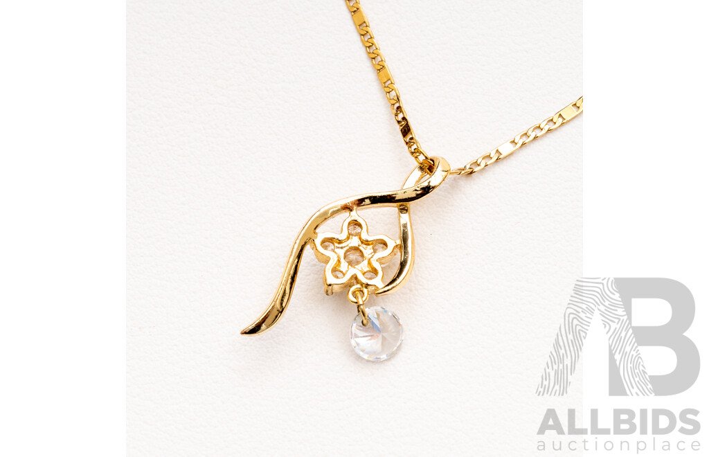 Gold Plated Metal Necklace and Pendant with Cubic Zirconias. Length - 45cms