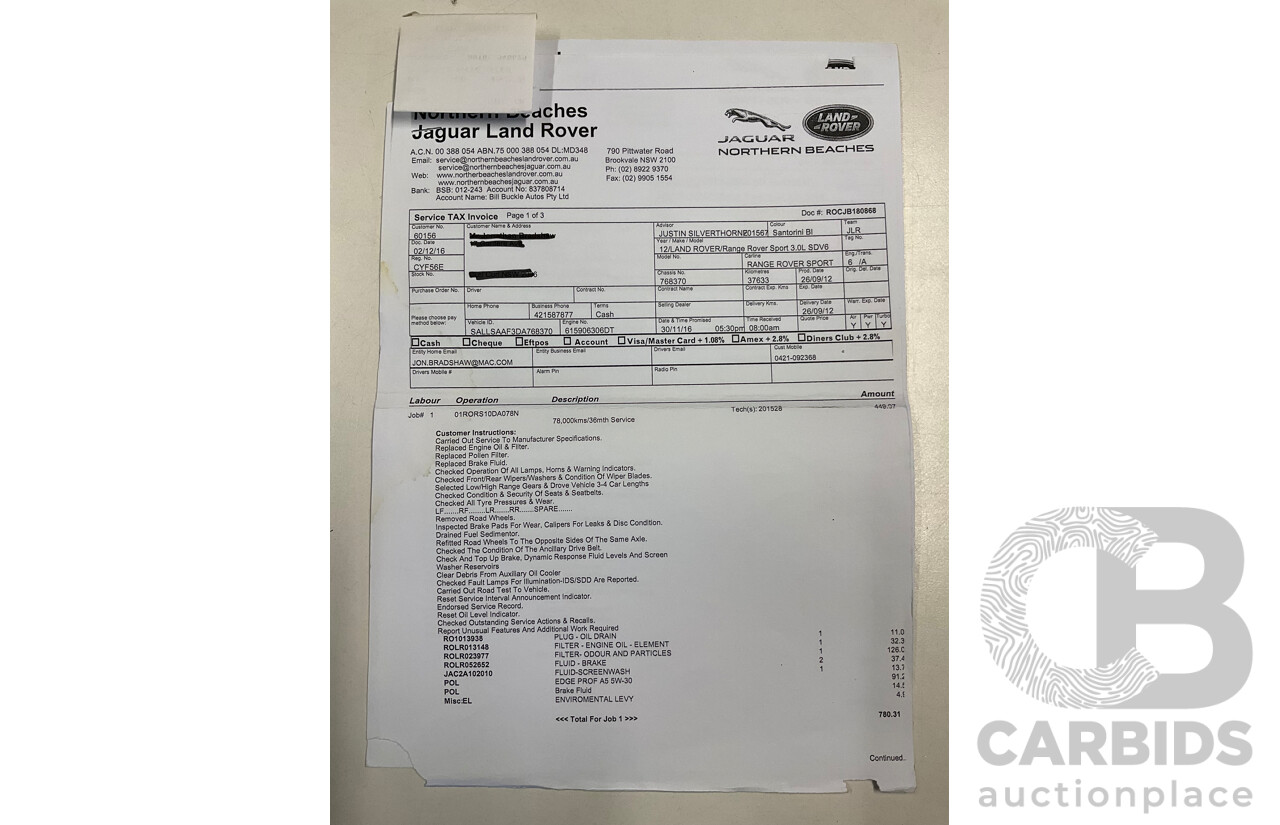 8/2012 Land Rover Range Rover Sport 3.0 SDV6 MY12 4d Wagon Santorini Black Metallic Turbo Diesel V6 3.0L