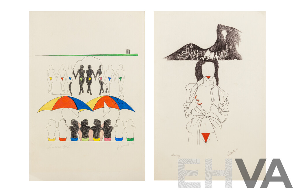 Peter Adsett, (20th Century, New Zealand-Born Australian, 1959-), Frankston Beach & Sydney (1982), Pair of Original Pen & Coloured Ink on Cardboard, 49 x 33 cm (sheets) (2)