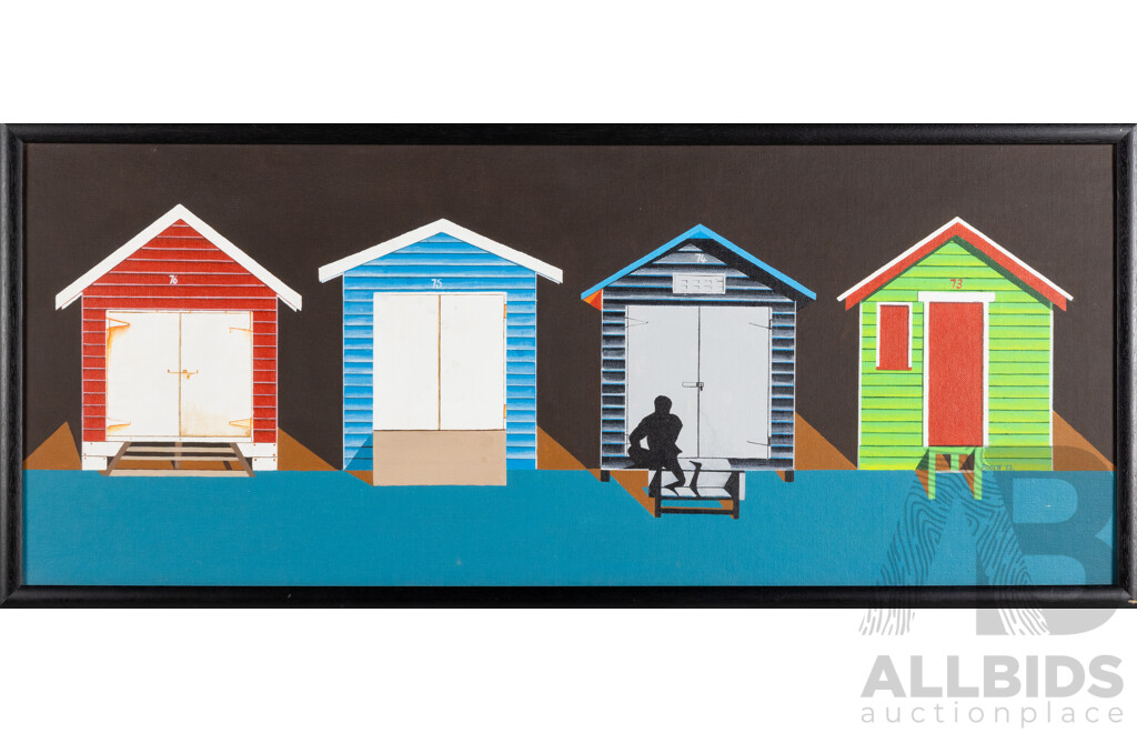 Peter Adsett, (20th Century, New Zealand-Born Australian, 1959-), Brighton Beach Bathing Boxes (1983), Original Oil on Canvas Board, 41 x 95 cm (frame)
