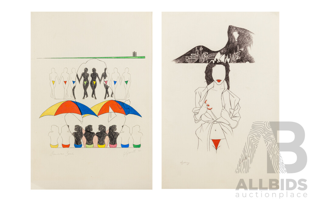 Peter Adsett, (20th Century, New Zealand-Born Australian, 1959-), Frankston Beach & Sydney (1982), Pair of Original Pen & Coloured Ink on Cardboard, 49 x 33 cm (sheets) (2)