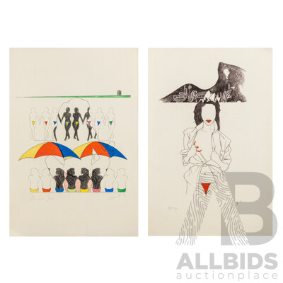 Peter Adsett, (20th Century, New Zealand-Born Australian, 1959-), Frankston Beach & Sydney (1982), Pair of Original Pen & Coloured Ink on Cardboard, 49 x 33 cm (sheets) (2)