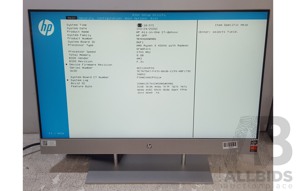 HP (27-dp0xxx) AMD Ryzen 3 (4300U) 2.70GHz-3.70GHz 4-Core CPU 27-Inch All-in-One Computer