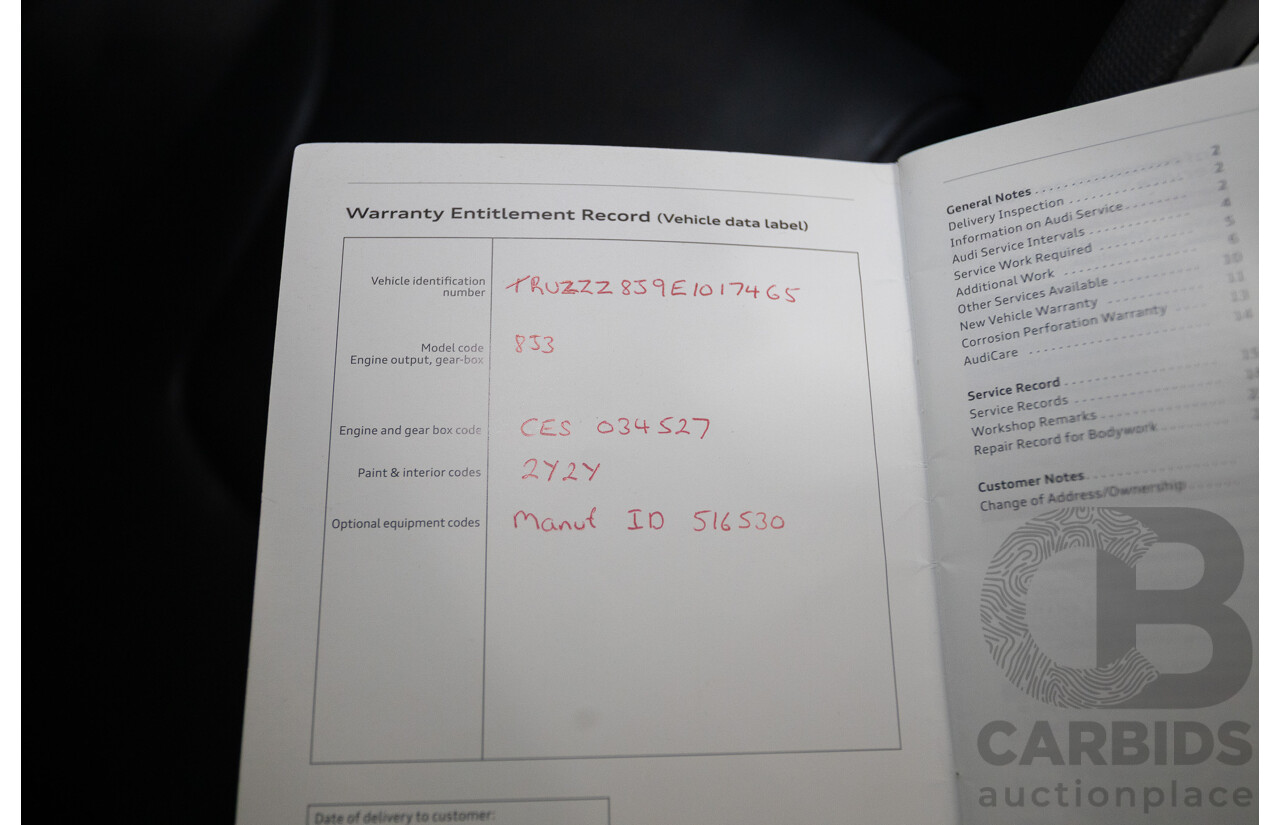 6/2014 Audi TT S-Line 2.0 TFSI Quattro (AWD) 8J MY14 2D Coupe Glacier White Turbo (155kw) 2.0L