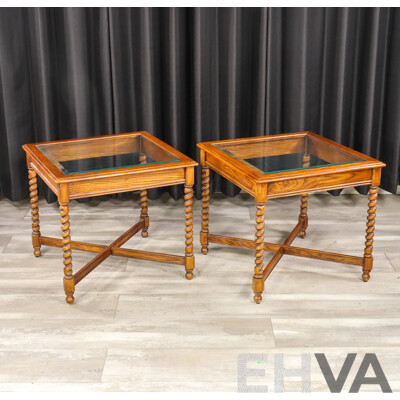 Pair of Edwardian Oak Glass Top Side Tables