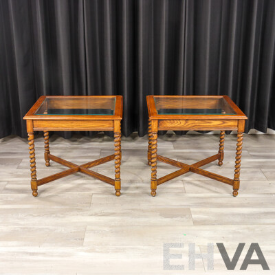 Pair of Edwardian Oak Glass Top Side Tables