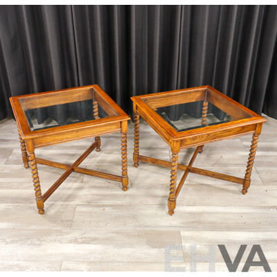 Pair of Edwardian Oak Glass Top Side Tables