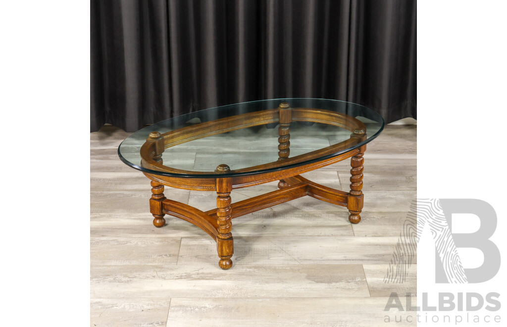 Vintage Oak Coffee Table with Oval Glass Top