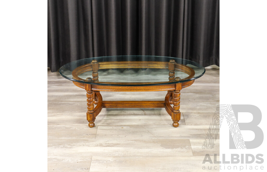 Vintage Oak Coffee Table with Oval Glass Top