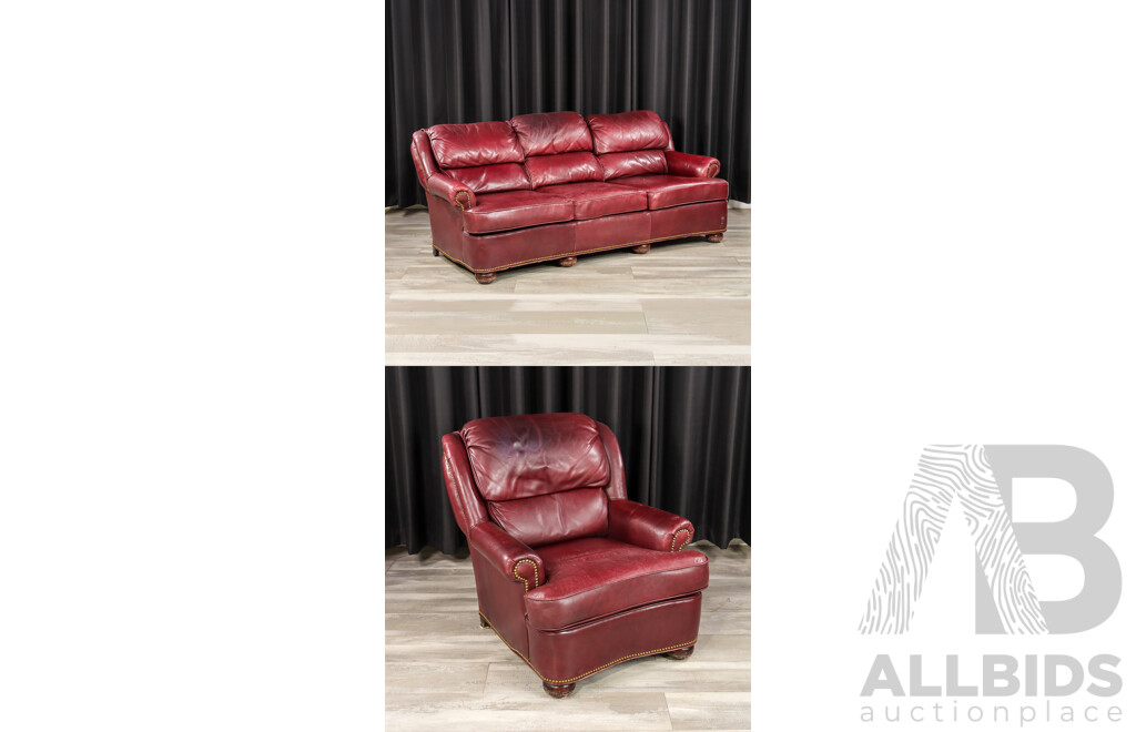 Maroon Leather Three Seater Lounge with Single Armchair by McKinley