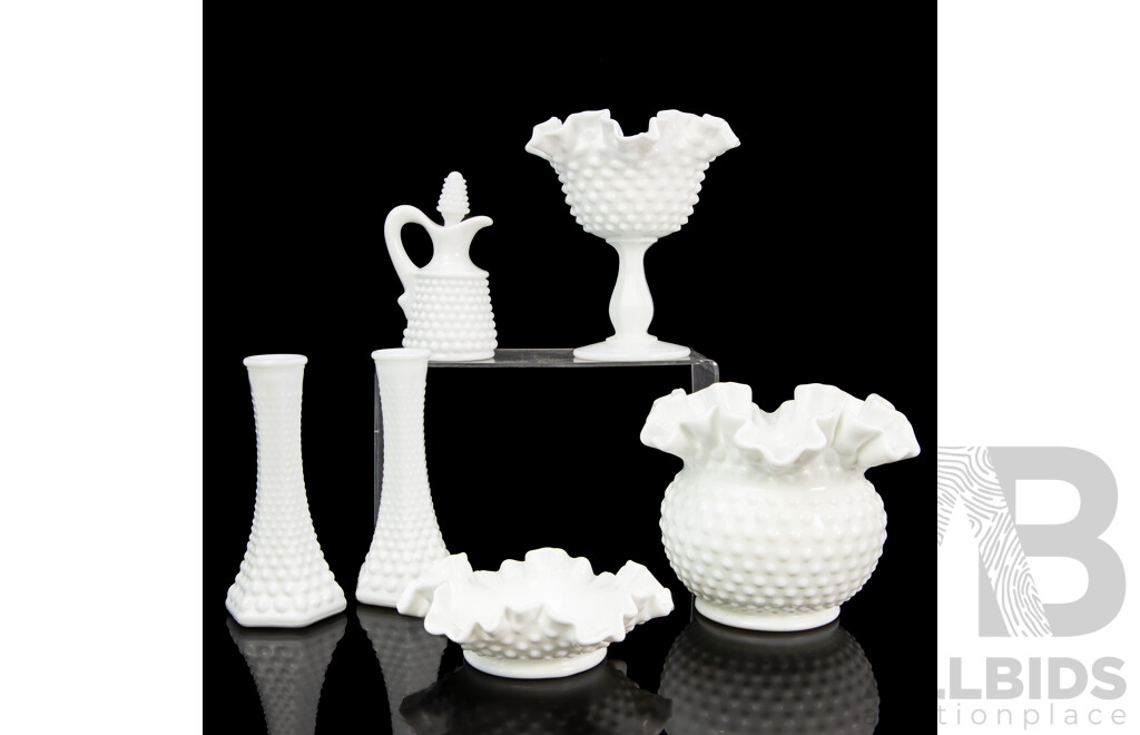 Collection of Six Milk Glass Pieces Including Raised Comport, Small Jug, Vase, Bowl and Candle Sticks