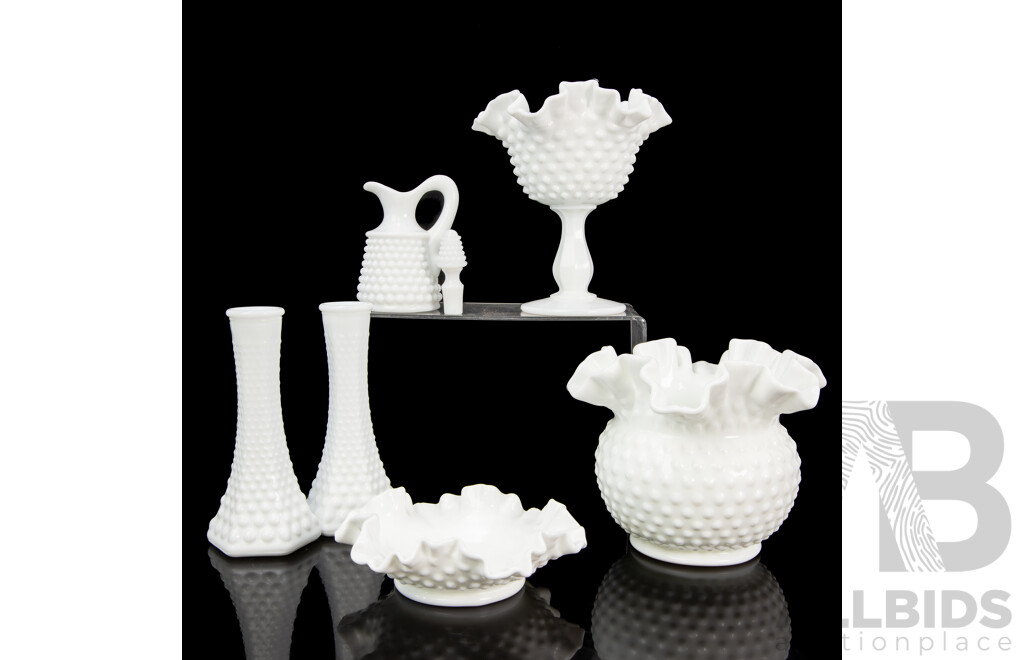 Collection of Six Milk Glass Pieces Including Raised Comport, Small Jug, Vase, Bowl and Candle Sticks