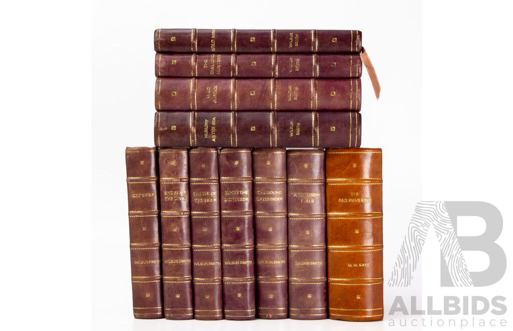 Collection of 11 Leather Bound Novels by Wilbur Smith and M.M Kaye