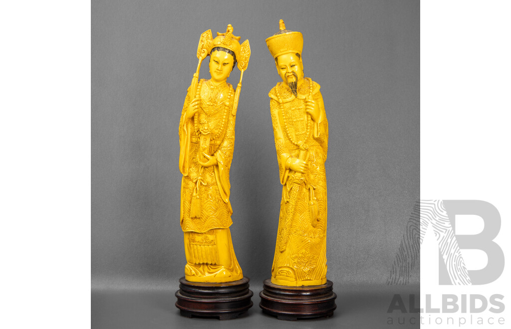 Chinese Resin Emperor and Empress on Timber Stands