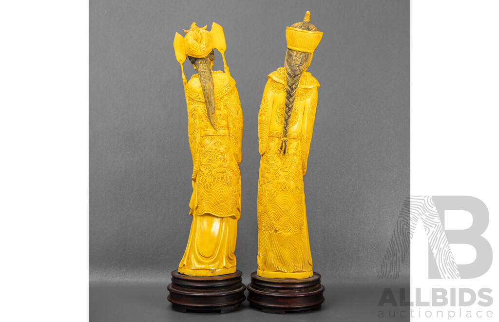 Chinese Resin Emperor and Empress on Timber Stands