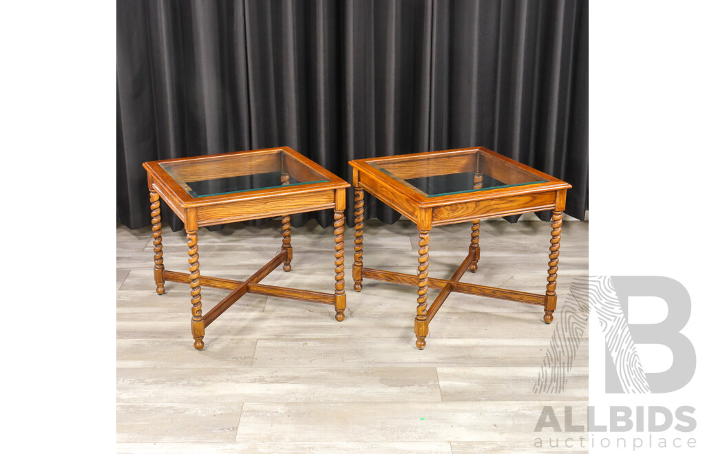 Pair of Edwardian Oak Glass Top Side Tables