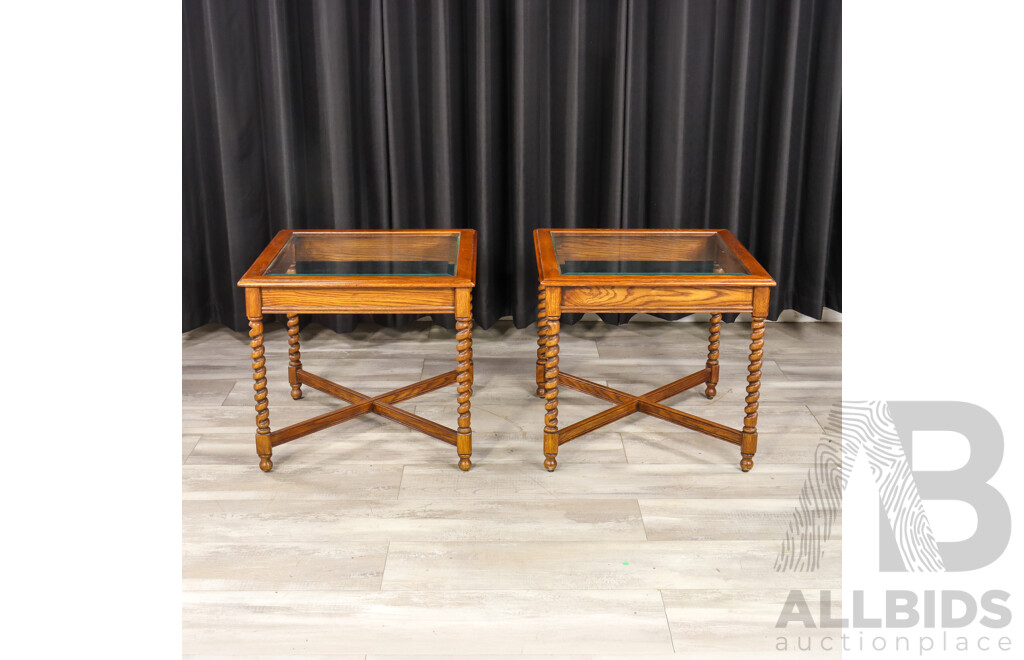 Pair of Edwardian Oak Glass Top Side Tables