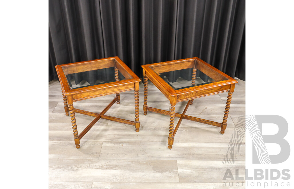 Pair of Edwardian Oak Glass Top Side Tables