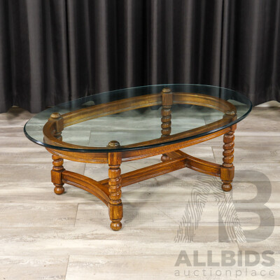 Vintage Oak Coffee Table with Oval Glass Top