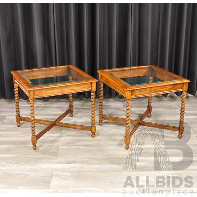 Pair of Edwardian Oak Glass Top Side Tables