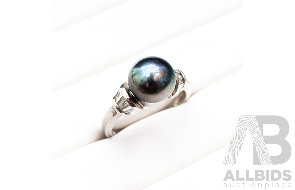 925 Sterling Silver Ring with Tahitian Pearl and Cubic Zirconias - Size N.5
