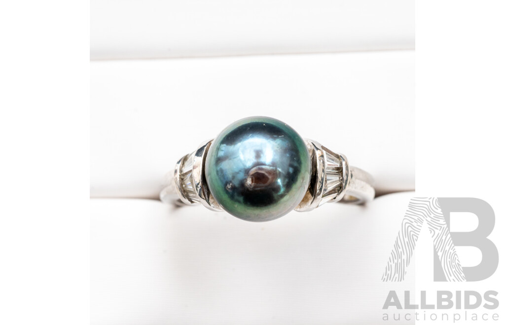 925 Sterling Silver Ring with Tahitian Pearl and Cubic Zirconias - Size N.5