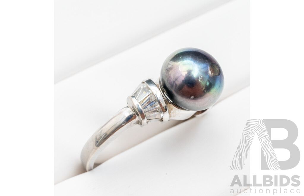 925 Sterling Silver Ring with Tahitian Pearl and Cubic Zirconias - Size N.5