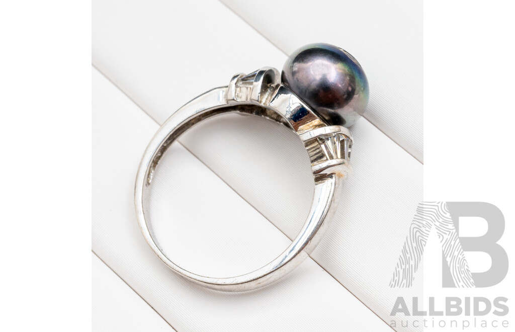 925 Sterling Silver Ring with Tahitian Pearl and Cubic Zirconias - Size N.5