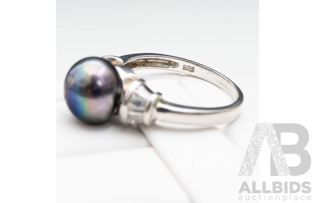 925 Sterling Silver Ring with Tahitian Pearl and Cubic Zirconias - Size N.5