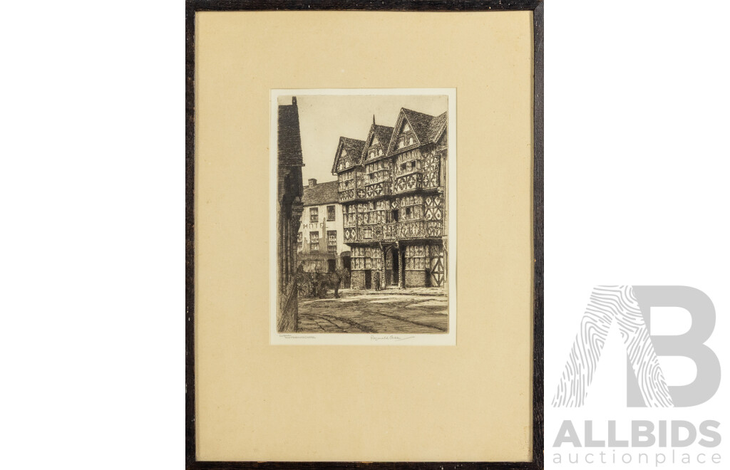 Reginald Green (20th Century, Australian, 1884-1971), Feathers Hotel, Ludlow, Wonderful Antique Etching on White Wove Paper, 42 x 32 cm (frame)