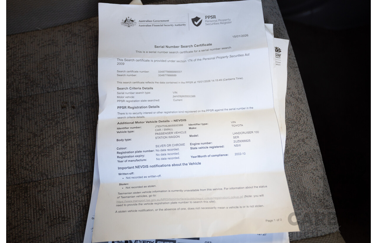 10/2002 Toyota Landcruiser GXL (4x4) FZJ105R 4D Warm Silver Metallic V8 4.7L - 8 Seater