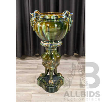 Large Glazed Ceramic Jardiniere on Matching Pedestal