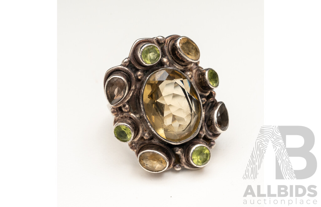 925 Sterling Silver Handmade Artisan Ring with Multiple Coloured Quartz and Peridot - Size P