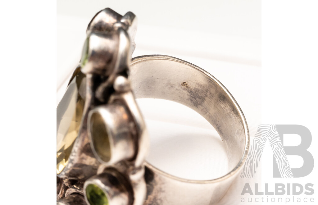 925 Sterling Silver Handmade Artisan Ring with Multiple Coloured Quartz and Peridot - Size P