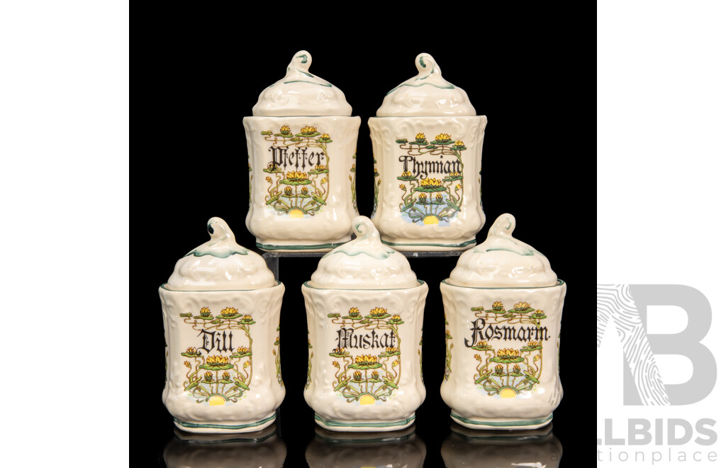 Collection of Five Ceramic Lidded German Spice Jars