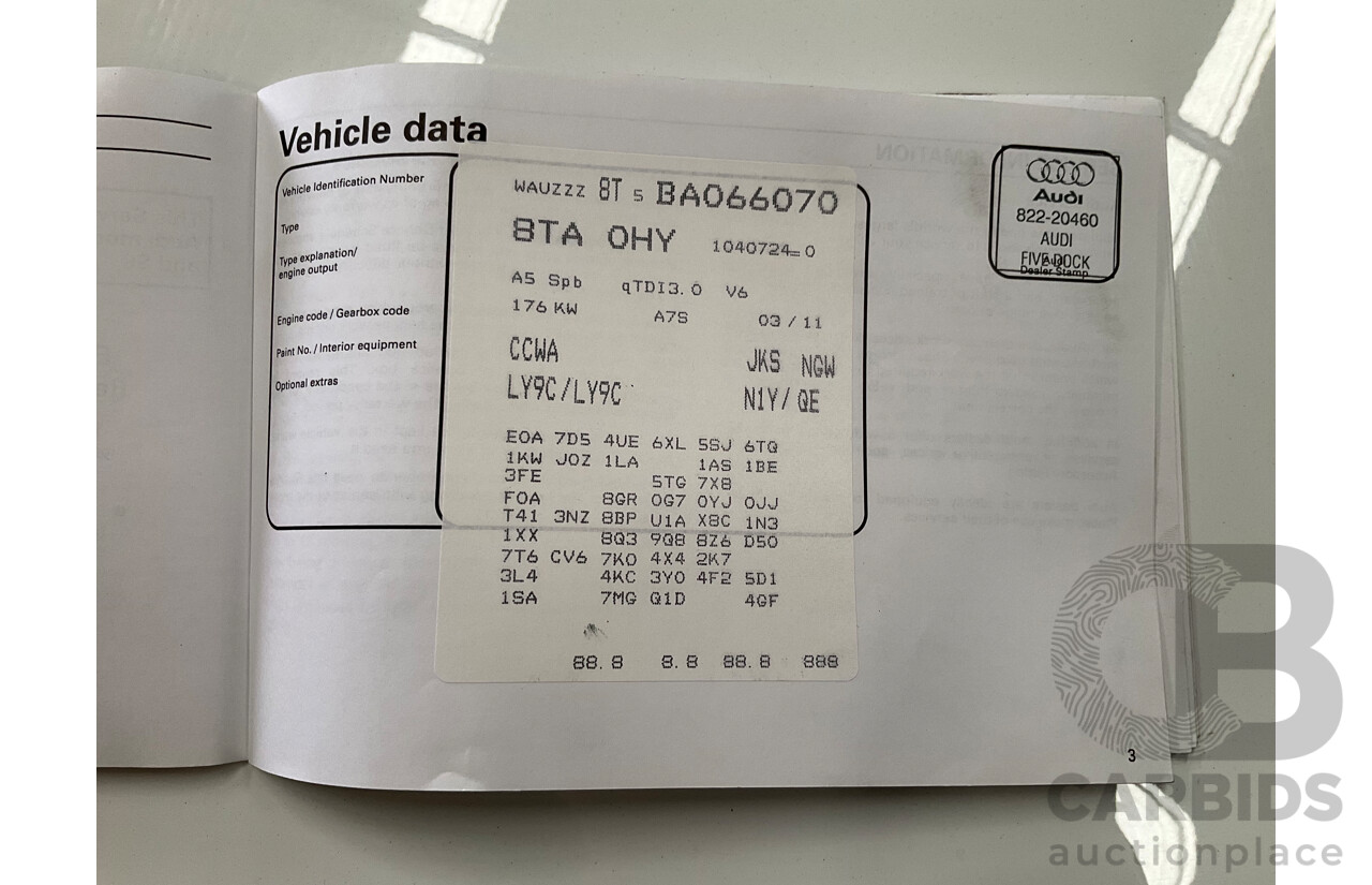 05/2011 Audi A5 Sportback 3.0 TDI Quattro (AWD) 8T MY11 5d Hatchback Ibis White Turbo Diesel V6 3.0L