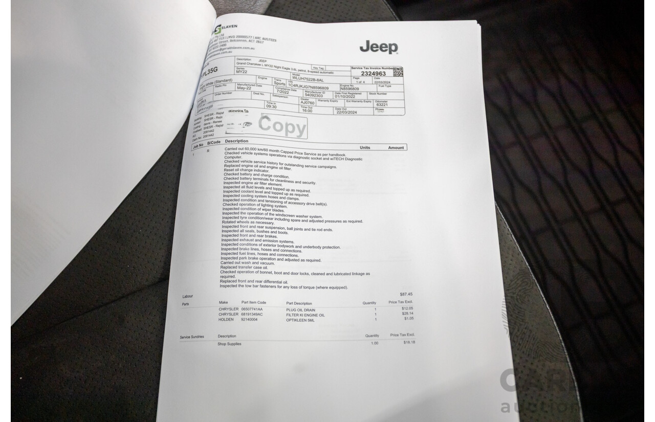 7/2022 Jeep Grand Cherokee L Night Eagle (4x4) WL MY22 4D Wagon Bright White 3.6L V6 - 7 Seater