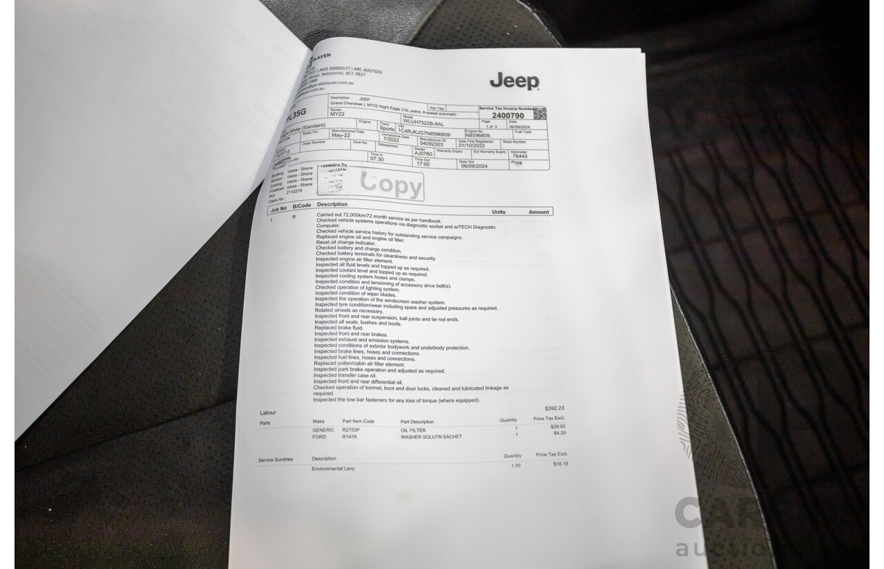 7/2022 Jeep Grand Cherokee L Night Eagle (4x4) WL MY22 4D Wagon Bright White 3.6L V6 - 7 Seater