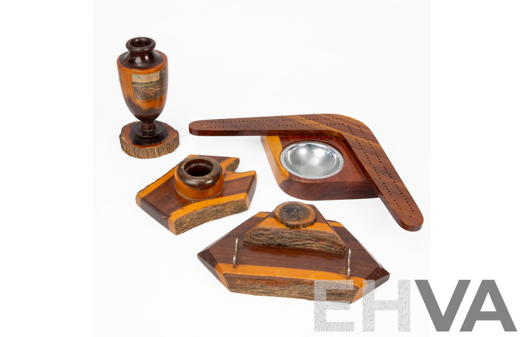 Collection of Vintage Australian Mulga Wood Pieces Including 1947 Adelaide Exhibition Turned Vase, Desk Top Pen Holder, Boomerang Key Dish